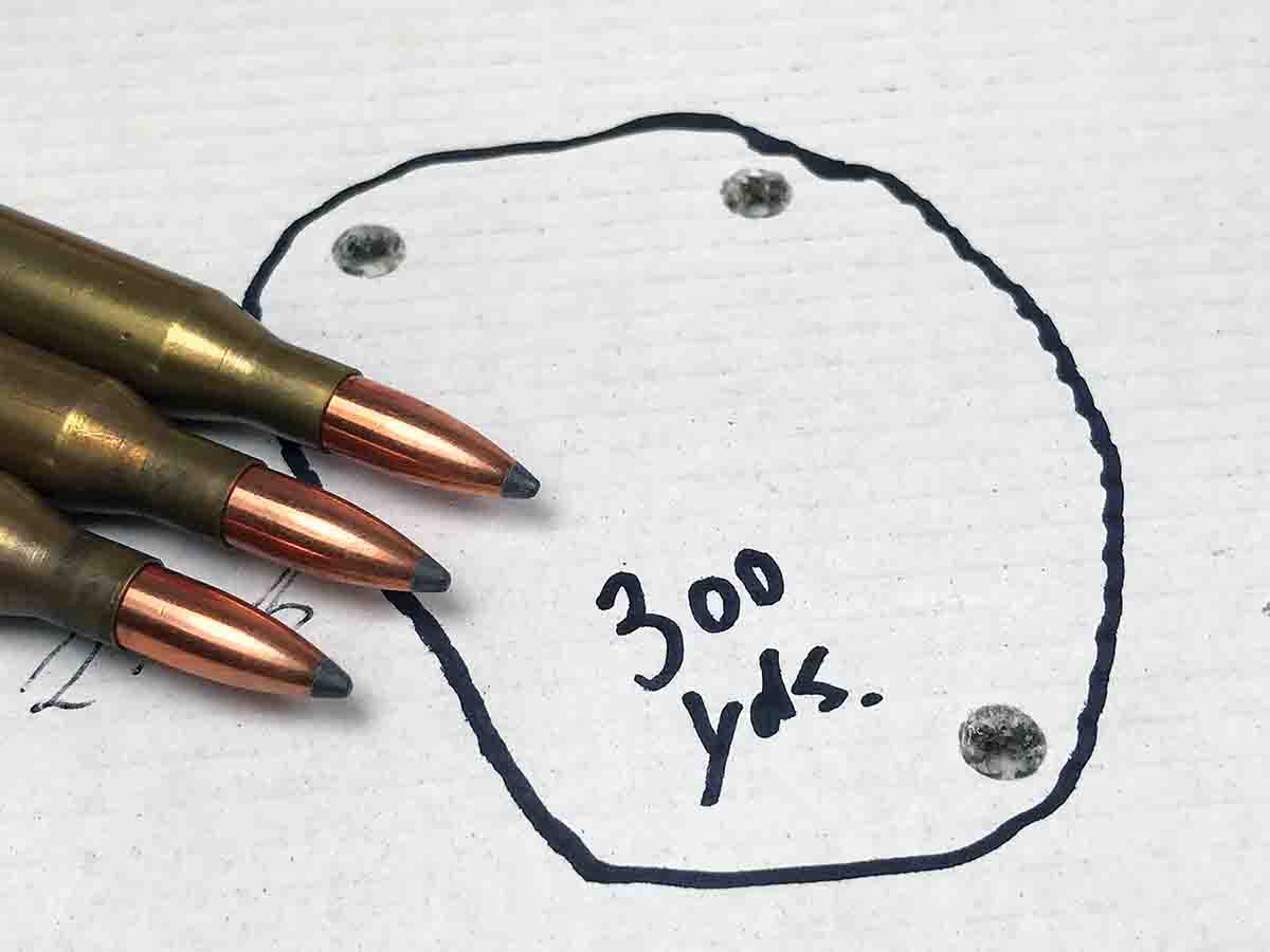 A .25-06 load consisting of Sierra 100-grain bullets and Hunter powder provided this group at 300 yards.